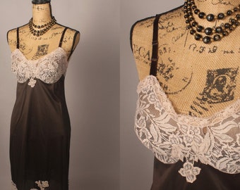 Vintage 60s 70s Mocha Brown Dress Slip With Cream Lace by Formfit Rogers