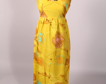 Vintage 60s 70s Mustard Yellow Hawaiian Print Maxi Dress by Paradise Hawaii Sz M 27" waist graphic print sand dollar