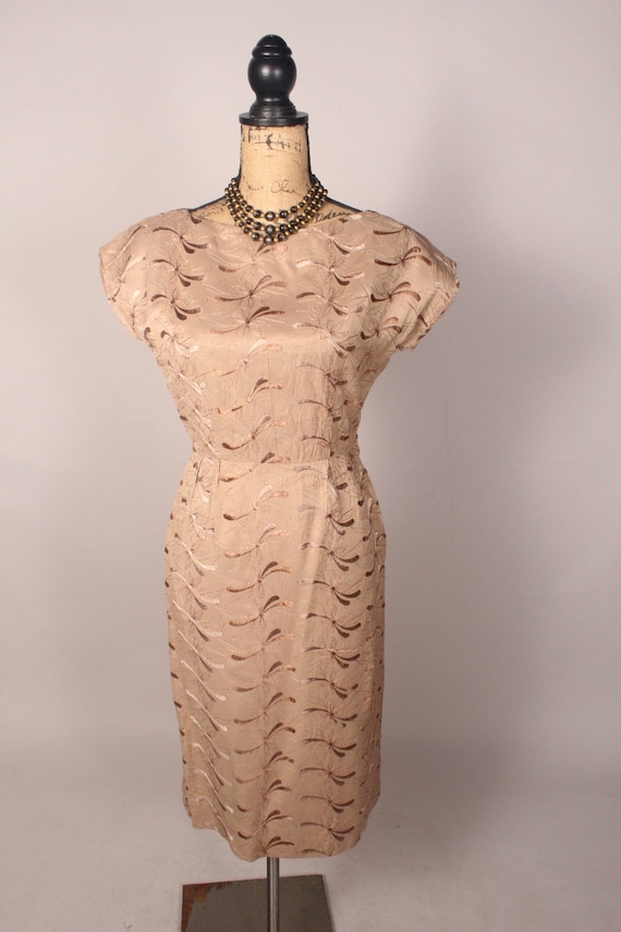 Vintage 50s 60s Dress,  50s 60s Tan Dress,  Embro… - image 2