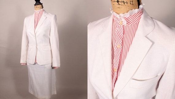 Vintage 70s 80s 3 piece Skirt Suit, White Linen S… - image 1