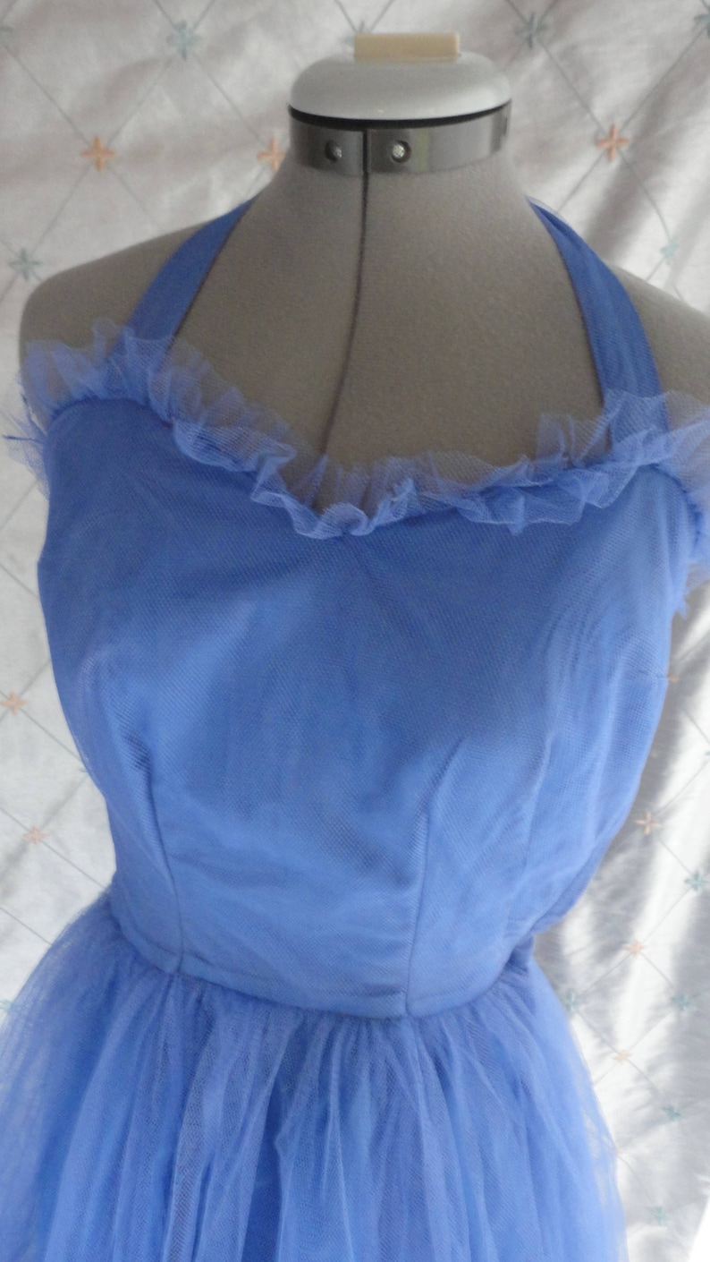 Vintage 50s Dress Vintage 50/'s Periwinkle Blue Tulle and Satin Prom Dress with Neck Strap Size S 24 waist metal side zipper