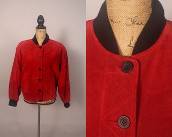 Vintage 80s Red Orange Suede Cropped Jacket with Black Knit Collar & Cuffs Nordstrom Town Square Korea