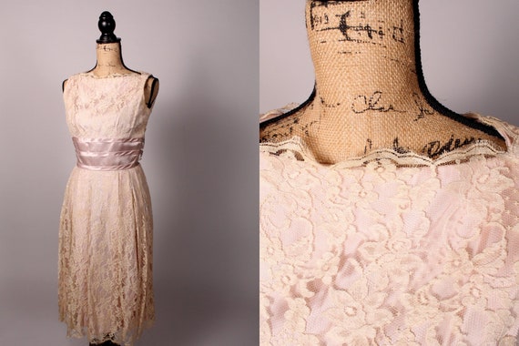 50s Dress  // Vintage 50s Cream Lace & Satin Dres… - image 1