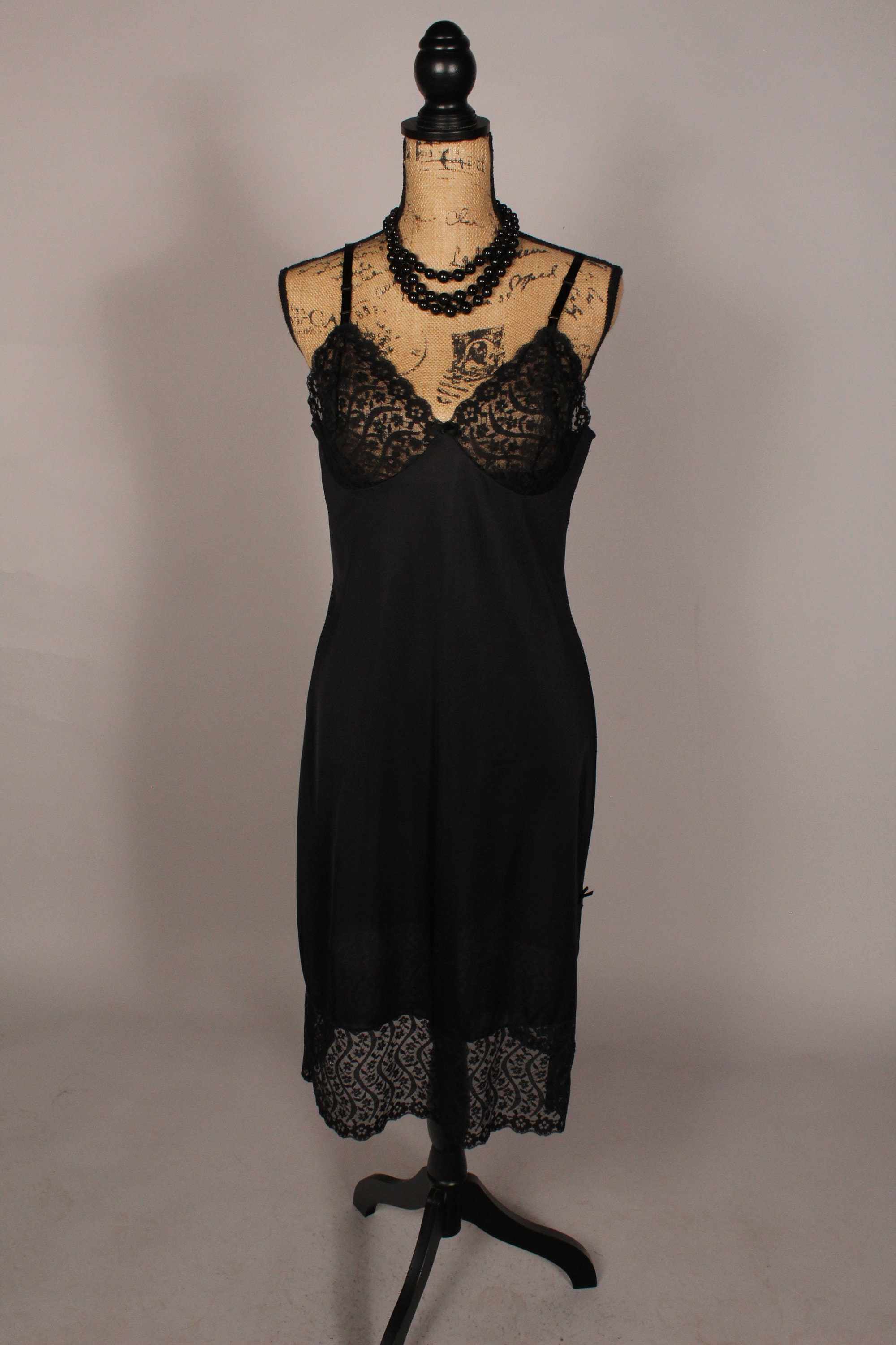 70s Slip // Vintage 70s Black Lace Full Slip by Vassarette | Etsy