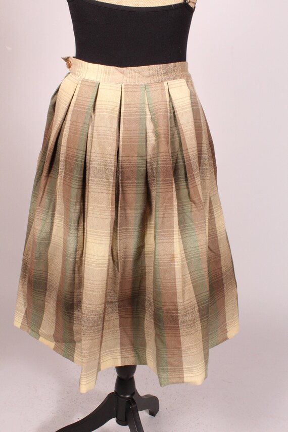 50s Skirt //  Vintage 50s 60s Tan Brown Green Pla… - image 7