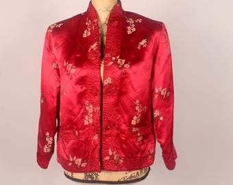 Vintage PEONY Brand Chinese Coat Sz 36 S Floral Silk Green
