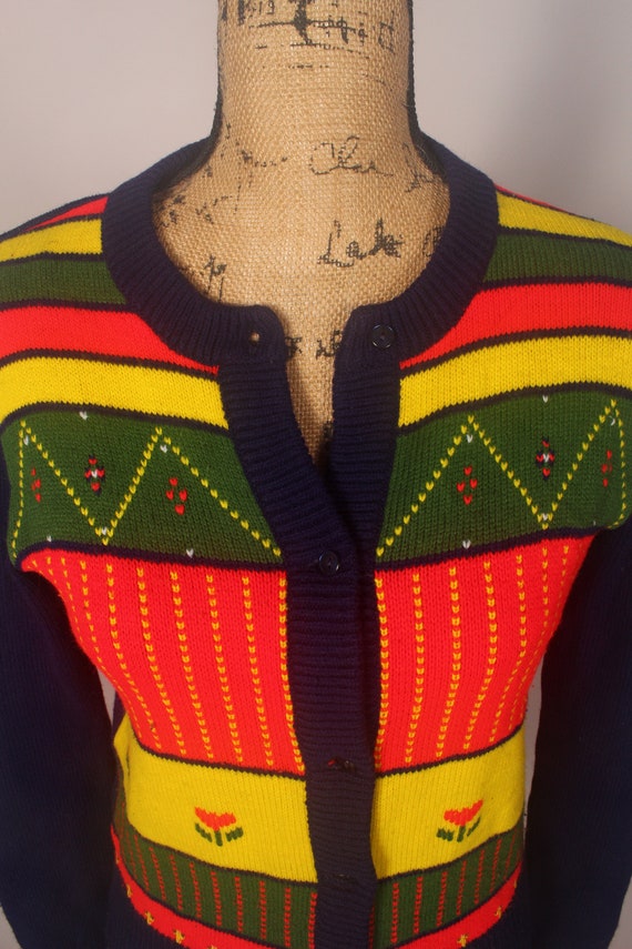 Vintage 70s 80s Blue Red Yellow Cardigan Sweater … - image 3