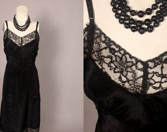 50s Slip //  Vintage 50s Black Slip with lace by Penney's Adonna Size 36 average