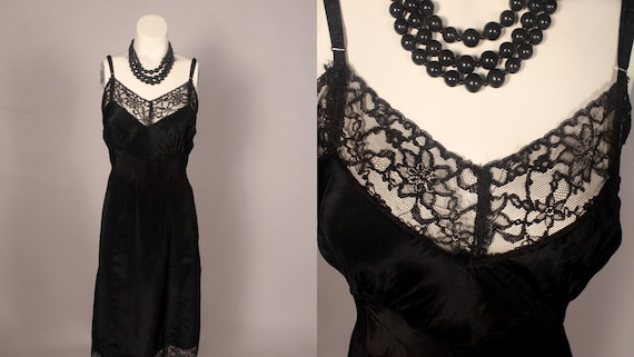 50s Slip //  Vintage 50s Black Slip with lace by … - image 1