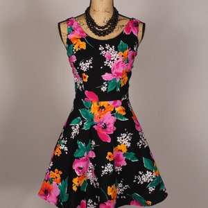 Vintage 80s Black Floral Mini Dress by Byer Too Size S 26&quot; waist tulle underskirt summer dress