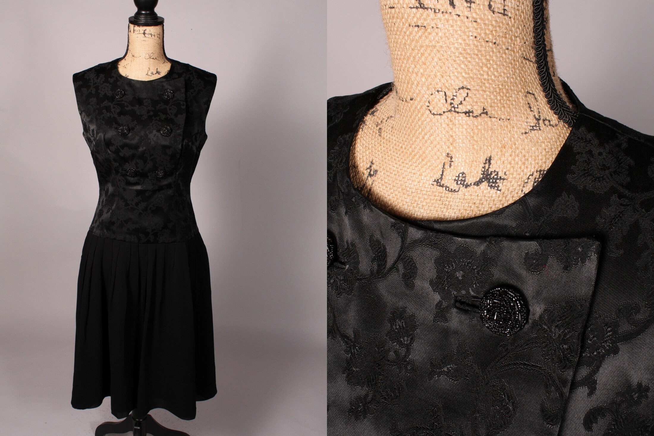 Vintage 60s Black Brocade and Chiffon Party Dress Size L 30