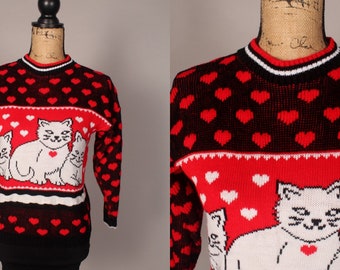 80s Sweater // Vintage 80s Red Black Kitty Cat Heart Sweater by Go Nitty by AKM Size S XS pullover