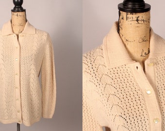 Vintage 70s Sweater, Oatmeal Cardigan Sweater, Cream Sweater, Textured Tan Sweater