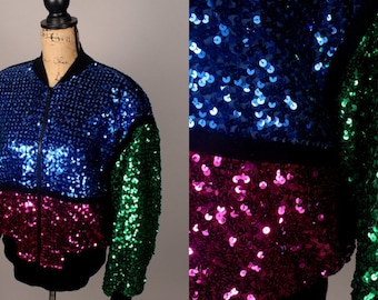 80s Jacket, Bomber Jacket, Vintage Sequin Jacket, Sequin Bomber Jacket, Color Block Jacket, Gamma Los Angeles