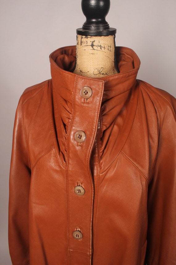 Vintage 80s 90s Caramel Brown Leather Jacket Coat… - image 5