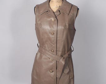 Vintage 60s Mocha Taupe Brown Leather Mini Dress sleeveless with belt sz M L 34" waist