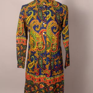 Vintage 60s Blue Yellow Paisley Shift Dress Size M button front