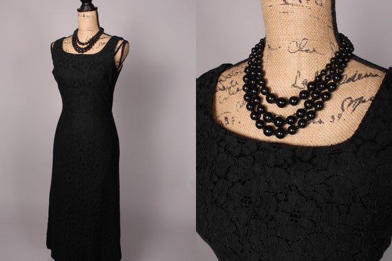 50s 60s Dress //  Vintage 50s 60s Black Floral La… - image 1