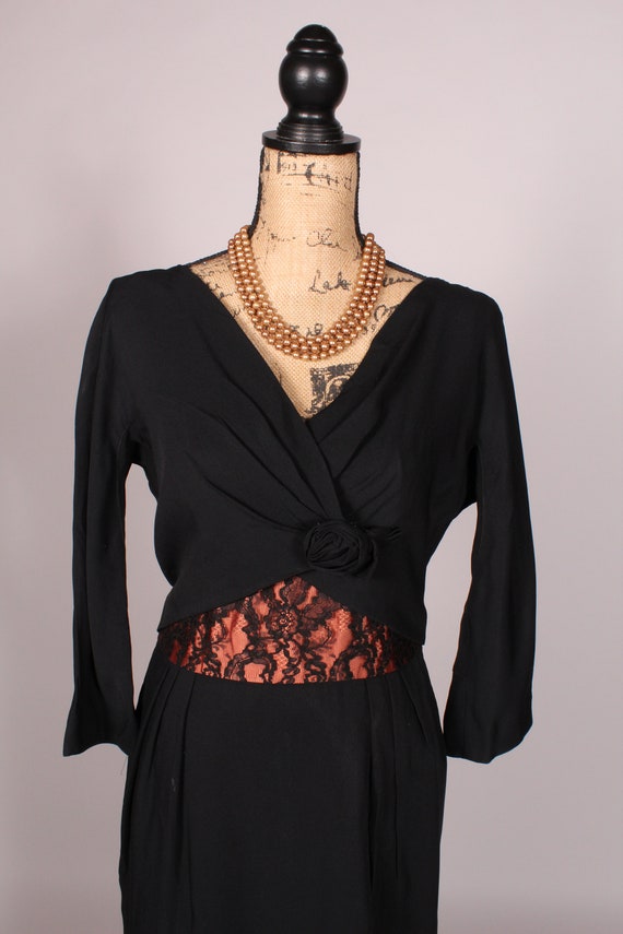 50s Dress  //  Vintage 50s Black Rayon Dress with… - image 3