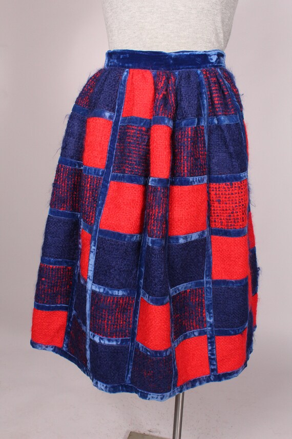 Vintage 60s 70s Floral Blue Red White Midi Skirt S 6 8