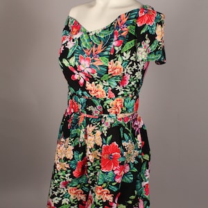 Vintage 80s Bright Floral Romper with belt by Byer Too! Size M  off shoulder
