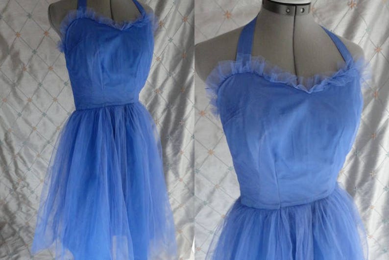 Vintage 50s Dress Vintage 50/'s Periwinkle Blue Tulle and Satin Prom Dress with Neck Strap Size S 24 waist metal side zipper