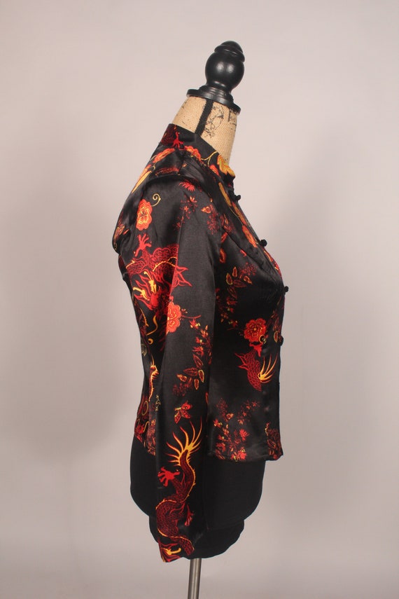 80s Top //  Vintage 80s Black Orange Satin Dragon… - image 6