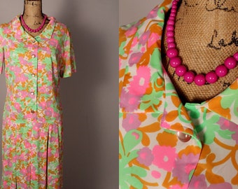 60s Dress //  Vintage 60s Bright Floral Jersey Dress Size M L 36" waist drop waist  cool buttons