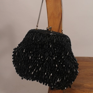50s 60s Purse //  Vintage 50s 60s Black Beaded Evening Purse with Gold Snake Chain Strap handmade in Crown Colony of Hong Kong