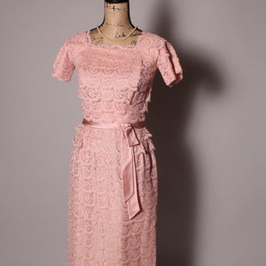 Vintage 50's Pink Lace Dress by DuBarry New York Fashion Size S 26" waist tiered lace