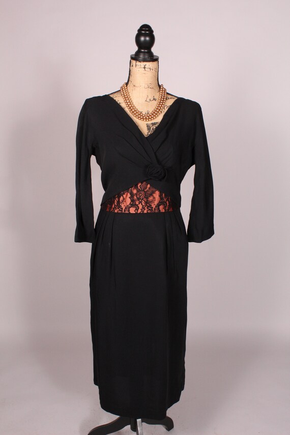 50s Dress  //  Vintage 50s Black Rayon Dress with… - image 2