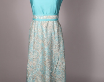 Vintage 60s Aqua Blue & Gold Lame Paisley Maxi Dress Size M 28 waist sleeveless