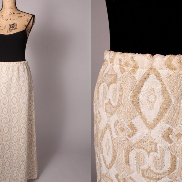 60s 70s Maxi Skirt //  Vintage 60s 70s Tan Gold Poly Print Maxi Skirt by Fritzi of California Size M L  28-32" waist textured