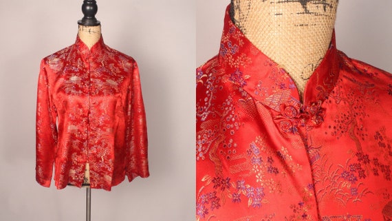 Vintage 80s Red Satin Tapestry Top by Peony Brand… - image 1