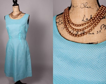 50s 60s Dress//  Vintage 50s 60s Light Blue Swiss Dot Dress Size L 31" waist metal back zipper