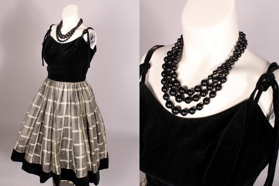 50s Dress //  Vintage 50s Black Velvet & White Gr… - image 1