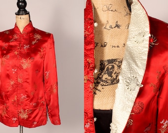 60s Jacket //  Vintage 60s Red Satin Embroidered Asian Jacket by Solz Squirrel Size M  Chinese ivory inside