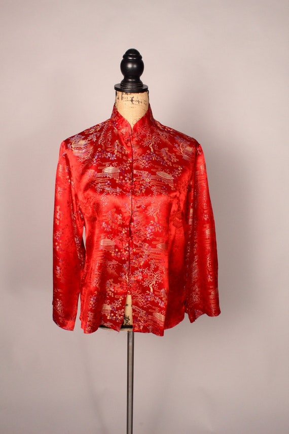 Vintage 80s Red Satin Tapestry Top by Peony Brand… - image 2
