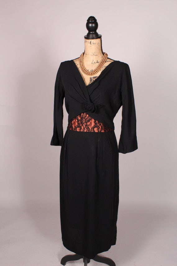 50s Dress  //  Vintage 50s Black Rayon Dress with… - image 7