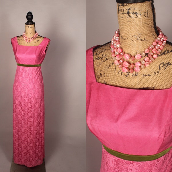 Vintage 60s Pink Lace Maxi Dress with Green Velvet Tie Size S XS 26" waist