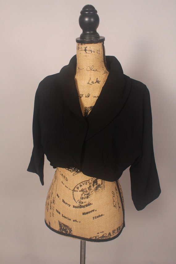 Vintage 50s Black Rayon Cropped Jacket with Rhine… - image 2