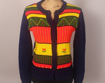Suéter cardigã vintage anos 70, 80, azul, vermelho, amarelo, exclusivo, tamanho M, cores primárias