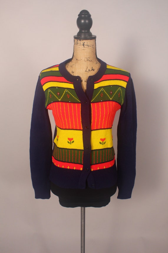 Vintage 70s 80s Blue Red Yellow Cardigan Sweater … - image 2