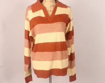 Vintage 60s 70s Brown Tan Striped Sweater With Collar by Custom Aire Size L