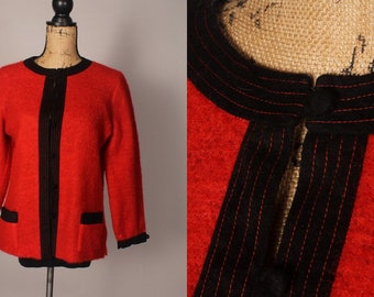 60s Sweater //  Vintage 60s Orange Red Mohair Sweater Jacket by Wilroy Traveller New York Size M L black accent