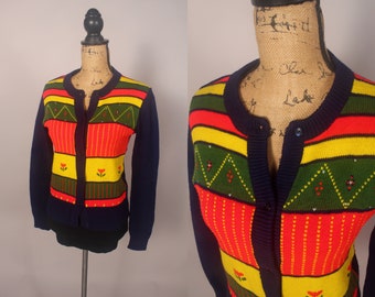 Vintage 70s 80s Blue Red Yellow Cardigan Sweater by Exclusive Fashion Size M primary colors