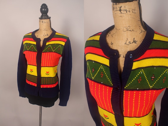 Vintage 70s 80s Blue Red Yellow Cardigan Sweater … - image 1
