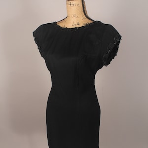 Vintage 80s Black Mini Dress with Chiffon Train & Beaded Trim by Studio Nite Size M L 30" waist