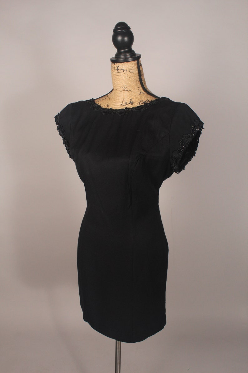 Vintage 80s Black Mini Dress with Chiffon Train & Beaded Trim by Studio Nite Size M L 30" waist