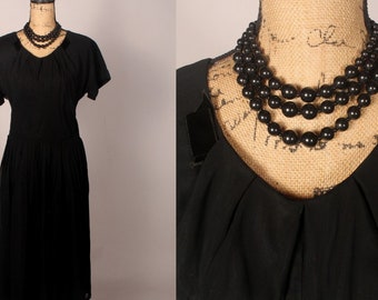 50s Black Dress,  Vintage 50s Dress, 50s Black Chiffon Dress, 50s Dress by Forever Young Puritan, 50s Dress Size L, Black Dress 30" waist